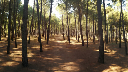 Poster - A sun-dappled path winds through a dense pine forest, creating a serene and inviting scene.