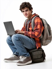 Wall Mural - Happy young male college student sitting isolated at white background using laptop computer advertising elearning course, online education webinars, internet services.