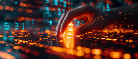 Finger interacts with glowing binary code in a futuristic digital landscape.