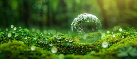 Wall Mural - Eco Concept Glass Globe on Moss in Green Forest Background for Earth Day Banner