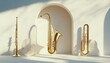 © Riz - Three Gold Wind Instruments Against a White Wall