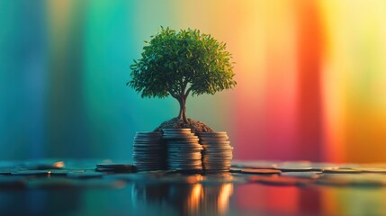 Wall Mural - A small tree growing atop stacks of coins signifies financial growth, investment, and savings in a conceptual colorful background.