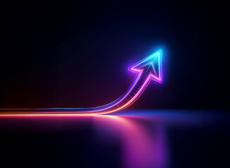 Wall Mural - a neon blue and purple arrow curves upwards against a dark background. the arrow has a bright glow a