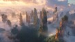 © Tangtong - Majestic sunrise over Zhangjiajie National Forest Park, China, with tall sandstone pillars shrouded in mist, dense green forest below, creating a surreal floating mountainscape
