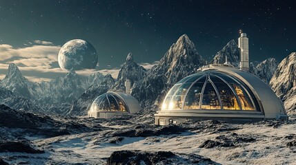 Wall Mural - futuristic domes nestled among mountains on a distant planet