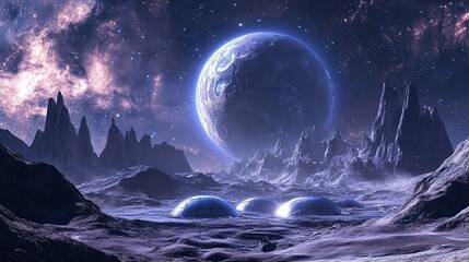 Wall Mural - alien planet with dome structures and a glowing celestial body