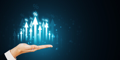 Wall Mural - upward growth arrow hologram in hand symbolizing business success and investment trends.