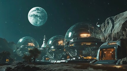 Wall Mural - futuristic city domes under a starry sky on a moon-like planet