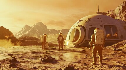 Wall Mural - astronauts exploring a red planet with a dome-shaped habitat