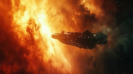 Wall Mural - a spaceship flying through a fiery nebula