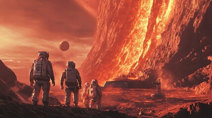 Wall Mural - astronauts exploring a lava-filled canyon on a distant planet