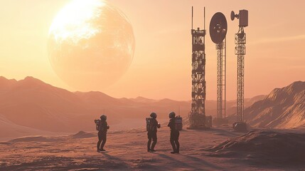 Wall Mural - three astronauts explore a martian landscape with communication towers
