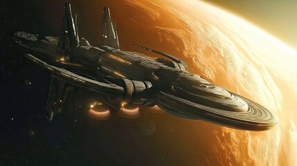 Wall Mural - spaceship in orbit around a gas giant