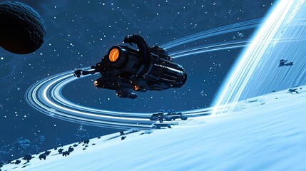 Wall Mural - spaceship flying through a ring system with a distant planet