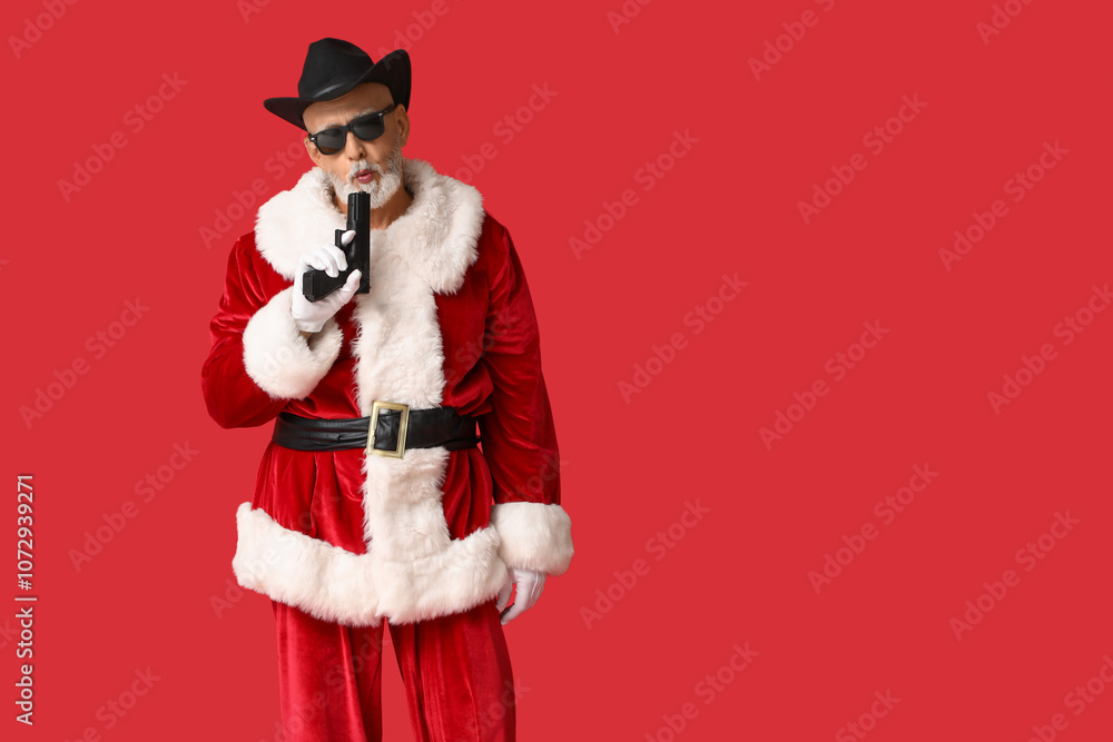 Santa Claus in stylish hat with gun on red background