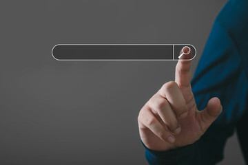 a hand interacts with a digital search bar, symbolizing online exploration and information retrieval