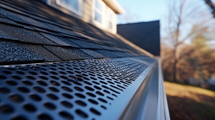 a close-up of a gutter guard installed on a roof, showcasing its textured surface and perforations d