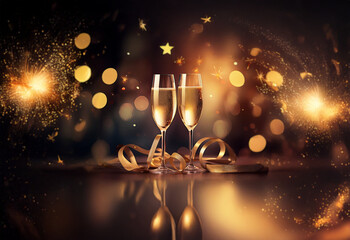 Two champagne flutes with golden ribbon and sparkling background.