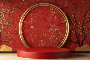 Wall Mural - Chinese New Year red modern style one podium product showcase with golden ring frame and China pattern background. with generative ai