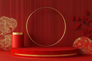 Wall Mural - Chinese New Year red modern style one podium product showcase with golden ring frame and China pattern background. with generative ai