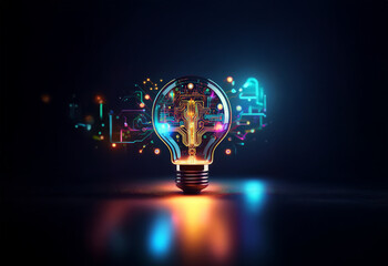 Wall Mural - a glowing lightbulb with colorful abstract shapes and lines emanating from it on a dark background.