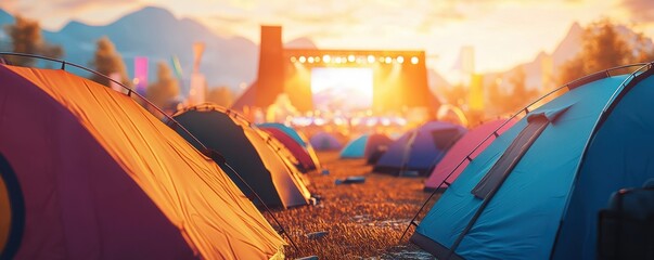 A vibrant outdoor festival scene with colorful tents set against a backdrop of mountains and a stage illuminated by warm sunset light.