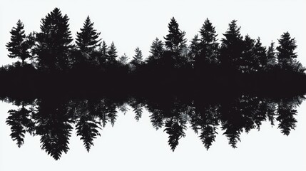 A black and white silhouette of trees reflected in a still body of water.
