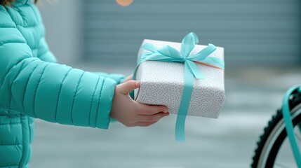 A child in a turquoise jacket hands over a beautifully wrapped gift with a blue ribbon, symbolizing joy and the spirit of giving.