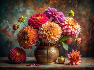 Wall Mural - Aerial Still Life Photography of Vibrant Dahlias in a Textured Copper Vase, Showcasing Artistic Composition and Color Harmony with Natural Elements and Creative Lighting