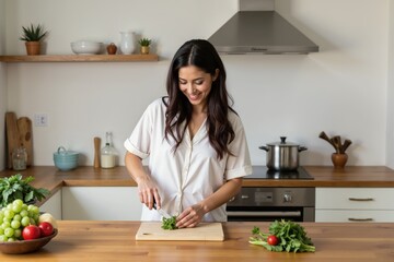 Woman preparing fresh ingredients in modern kitchen for healthy cooking