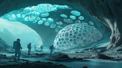 Wall Mural - astronauts exploring a crystalline structure in an alien cave