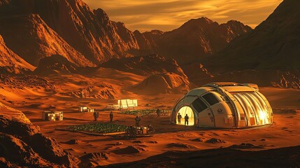 Wall Mural - martian outpost with astronauts and a futuristic dome