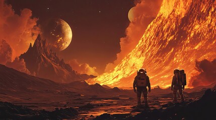 Wall Mural - two astronauts standing on a lava planet with two moons
