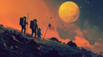 Wall Mural - astronauts planting an american flag on a distant planet