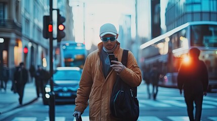 Fototapete - A Man in a Brown Jacket Looking at His Phone While Walking Down a City Street