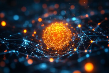 Wall Mural - a glowing orange sphere surrounded by blue and orange connections. this abstract design evokes a dig
