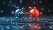 © GraphzTain - A digital illustration of two colorful molecules, one blue and one red, connected by bonds, set against a blurred background of glowing particles.