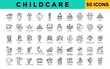 © Gravisio - Childcare icons set with child, baby, toddler, infant, nursery, daycare, preschool, playtime, toys, blocks  icon. Simple line vector