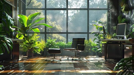 Wall Mural - Modern office with large window, plants, and chair.