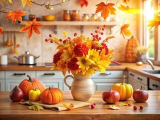 Sticker - Cozy Autumn Kitchen Studio with Vibrant Red and Yellow Leaves, Flowers in a Vase, and a Decorative Pumpkin Against a Light Background for Seasonal Inspiration