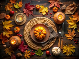 Sticker - Cozy Hygge Autumn Table Setting with Wicker Place Mat, Pumpkins, Autumn Leaves, and Candle on Dark Table – Perfect for Thanksgiving and Festive Restaurant Menus