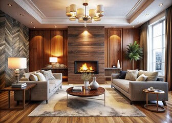 Wall Mural - Elegant Interior Design Featuring Wooden Wall Panels and Shiny Marble Fireplace Surrounds in a Cozy Living Room with Tilt-Shift Photography Technique for Unique Visual Appeal