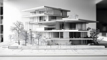 Fototapete - A modern architectural model showcases a multi-level structure with clean lines, large windows, and surrounding greenery, emphasizing contemporary design.