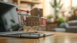 © creative - Product package boxes and shopping bag in cart with laptop computer which web store shop on screen for online shopping and delivery concept with miniature shopping cart standing in front of laptop