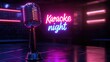 © kardaska - Vintage microphone stands on stage, illuminated by neon karaoke night sign