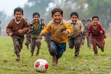 happy indian children running and playing soccer in a field