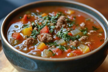 Wall Mural - Steaming hot bowl of tomato soup garnished with fresh parsley and ground beef