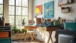 © Fana Art - A bright and airy studio workspace with a wooden desk, a white brick wall, and an abundance of art supplies.