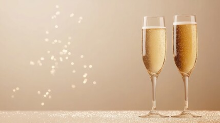 Wall Mural - Sparkling champagne flutes with festive Christmas background. Happy New Year and wedding concept. Banner