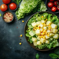 Wall Mural - Potato salad with corn, lettuce, and vegetables on the table.